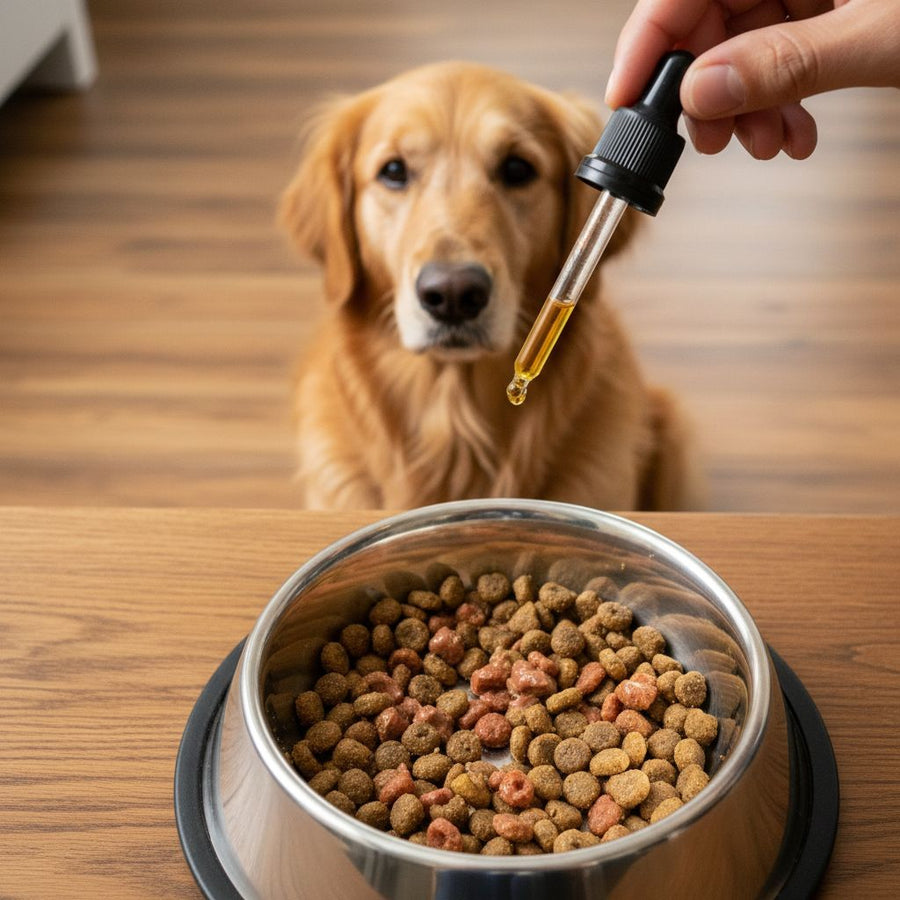 Gotero aplicando el extracto sobre el plato de comida de un golden retriever